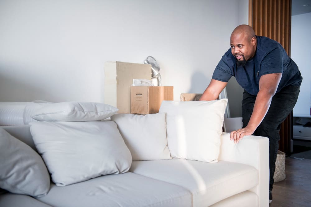 Professional furniture moving team carefully transporting household items with modern equipment